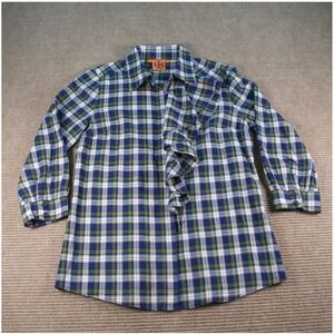 Tory Burch Blue Green Tartan Plaid Ruffle Front Button Down Blouse Small EUC